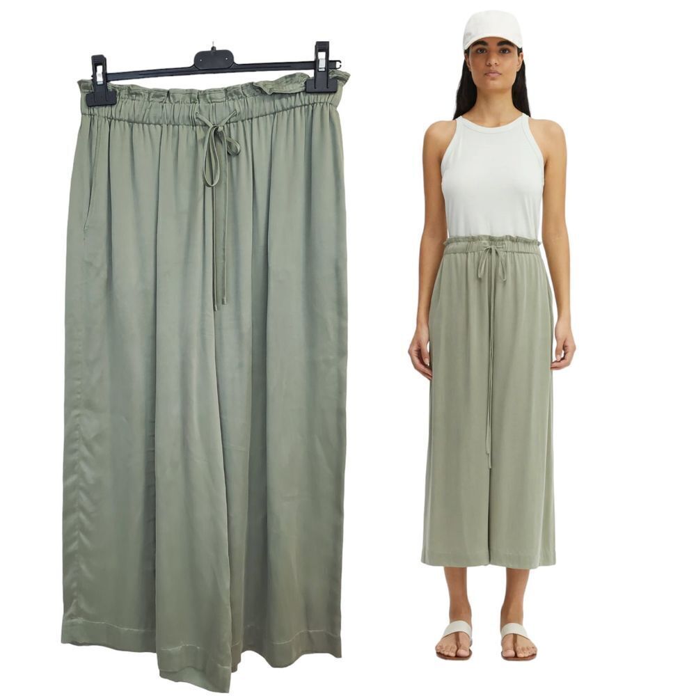 Rodebjer Womens Sage Green Milano Cupro Wide Leg crop Pants Size L Drawstring